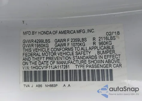 2018 Honda Accord Lx из США, поврежденный, VIN 1HGCV1F11JA117281